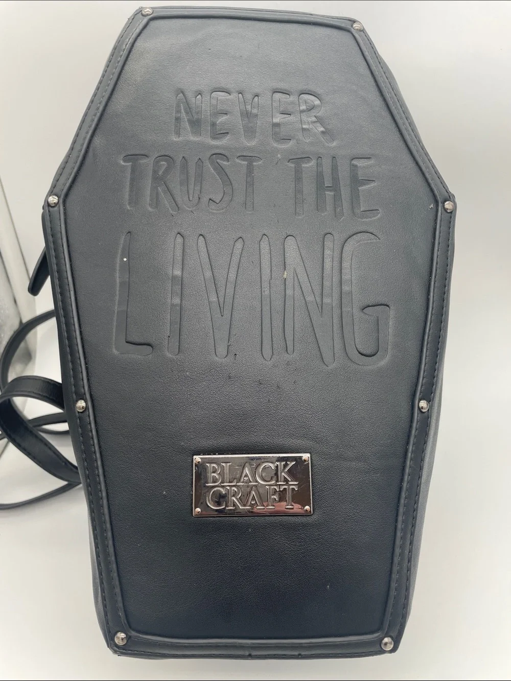 'Never Trust The Living' Coffin Backpack Black Craft  Dolls Kill goth 90s grunge